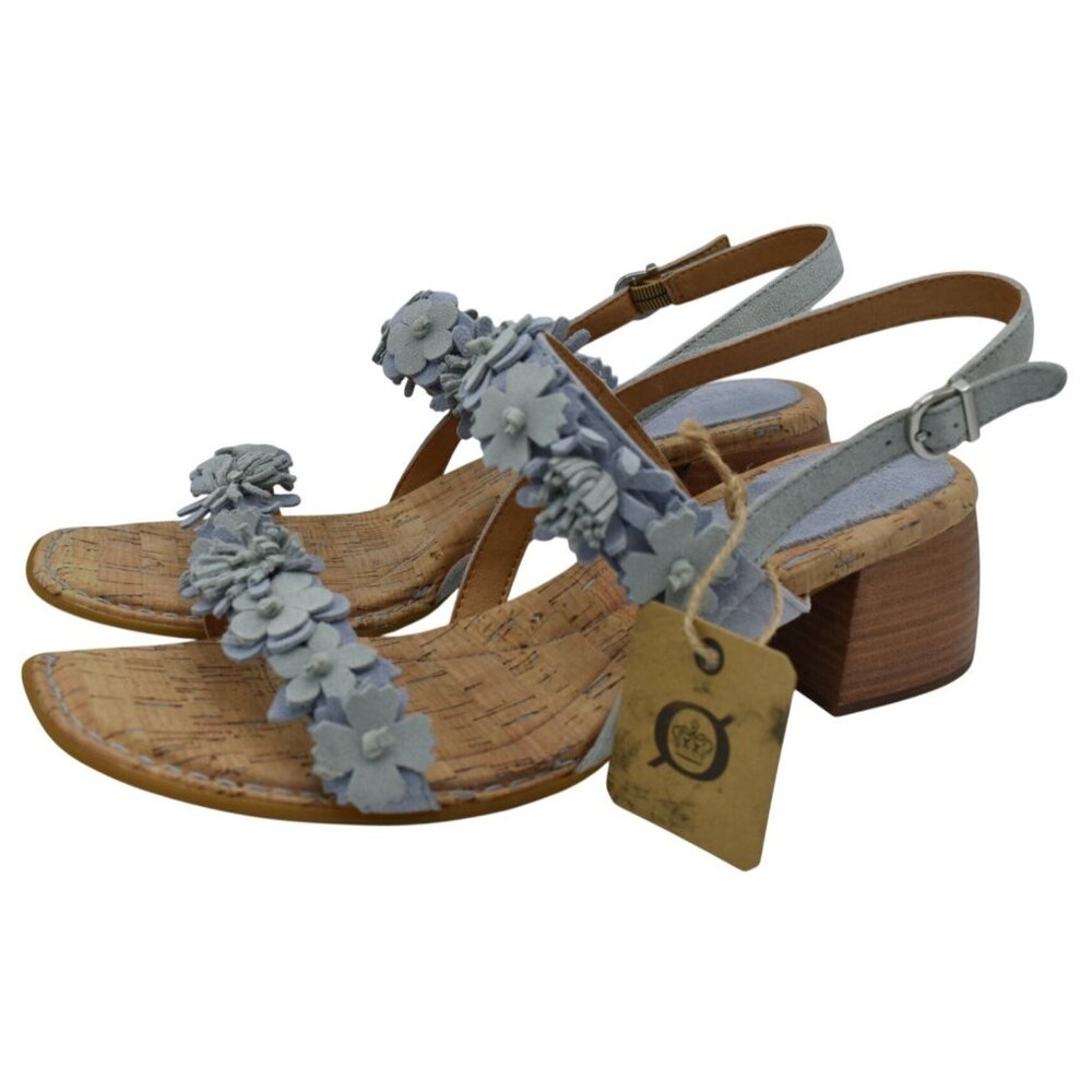 Born Women 11 Springs Blue Suede Floral Block Heel Open Toe Strappy Sandal Shoes